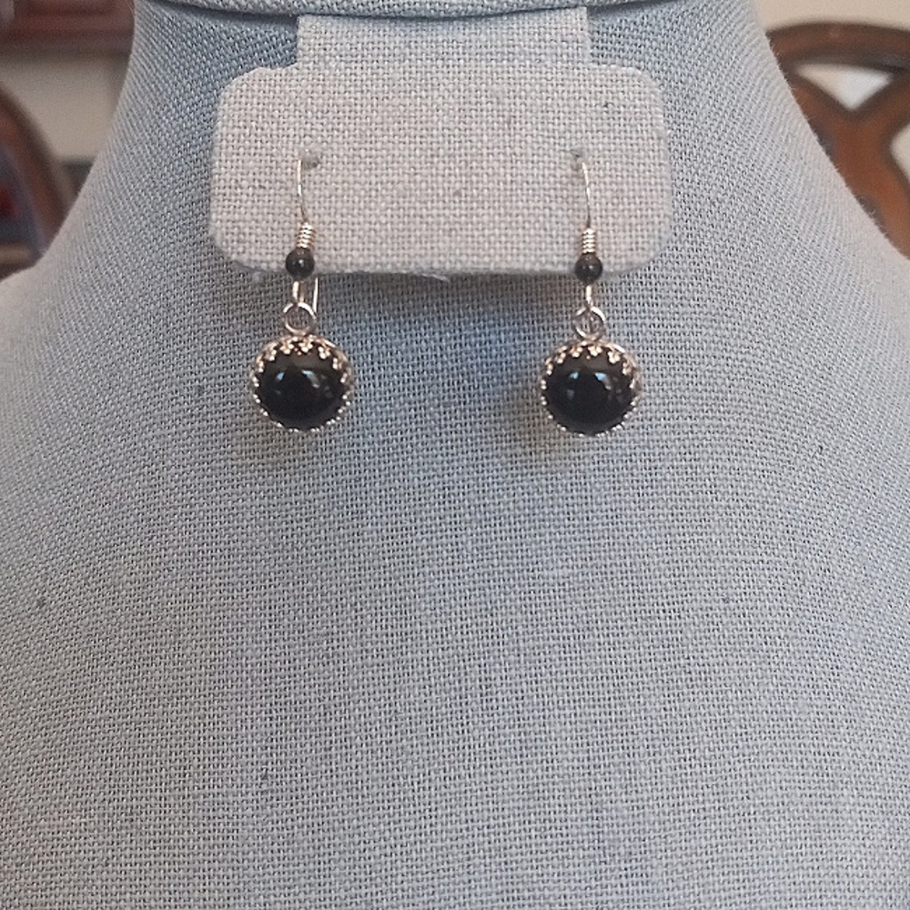 Natural Black Onyx 10mm & Sterling Silver Dangle Earrings 1"